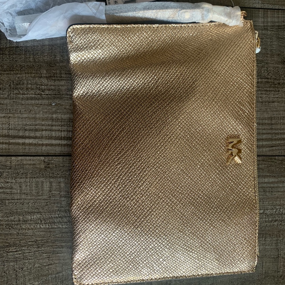 Michael Kors gold metallic mid zip leather  pouch NWT